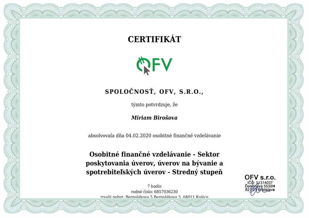 Miriam Birošová - Certifikát
